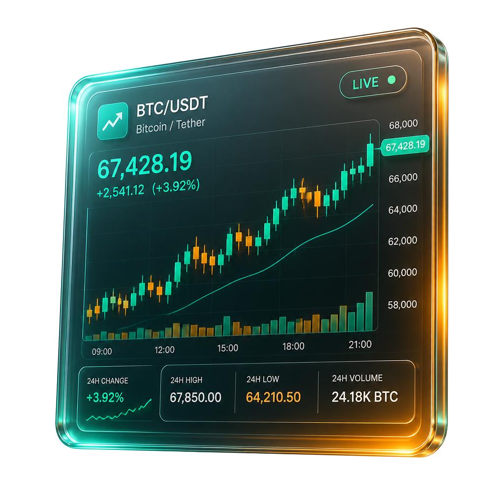 Floating glass trading dashboard showing a candlestick chart — NordicFX research visual